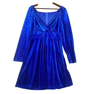 Womens 1X Dress Royal Blue Velvet Long Sleeve Surplice Skater Party Holiday